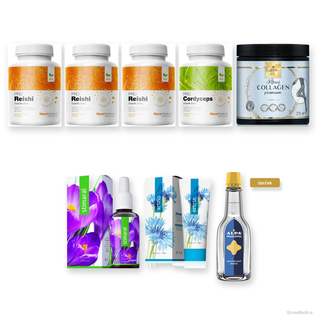 Set Premium trio húb — Reishi PRO, Cordyceps PRO, Zeen, Stimaral, Artrin a darček Alpa Francovka, fotky produktov GrowMedica